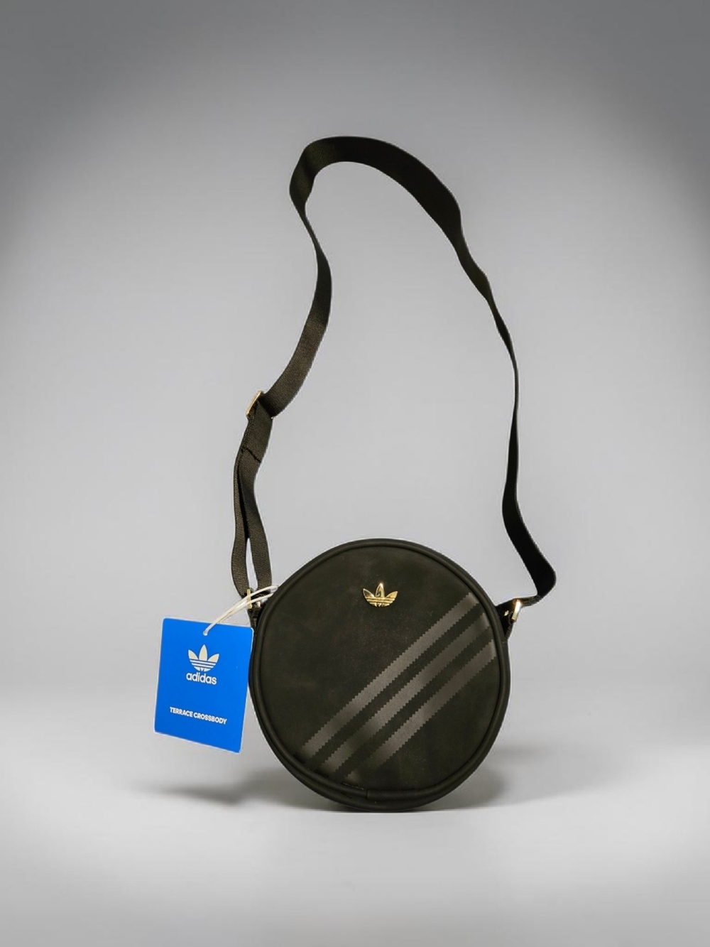 adidas Black Round Crossbody with Subtle Stripe and Gold Trefoil